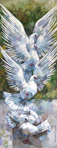 Iqbal Durrani, After Flight Respite, 18 x 48 Inch, Oil on Canvas, Pigeon Painting, AC-IQD-243